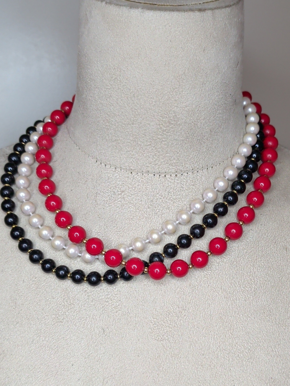 Vintage 60s Beaded Necklaces Lot Of 3 - Red, Black and White Classic Timeless